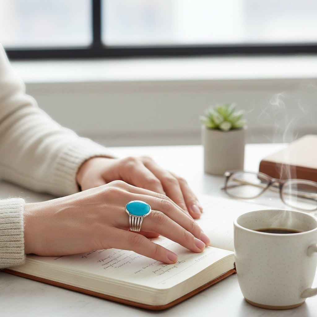 Sophia Schneider Joyas sterling silver ring with a large oval turquoise stone and multiple band details.