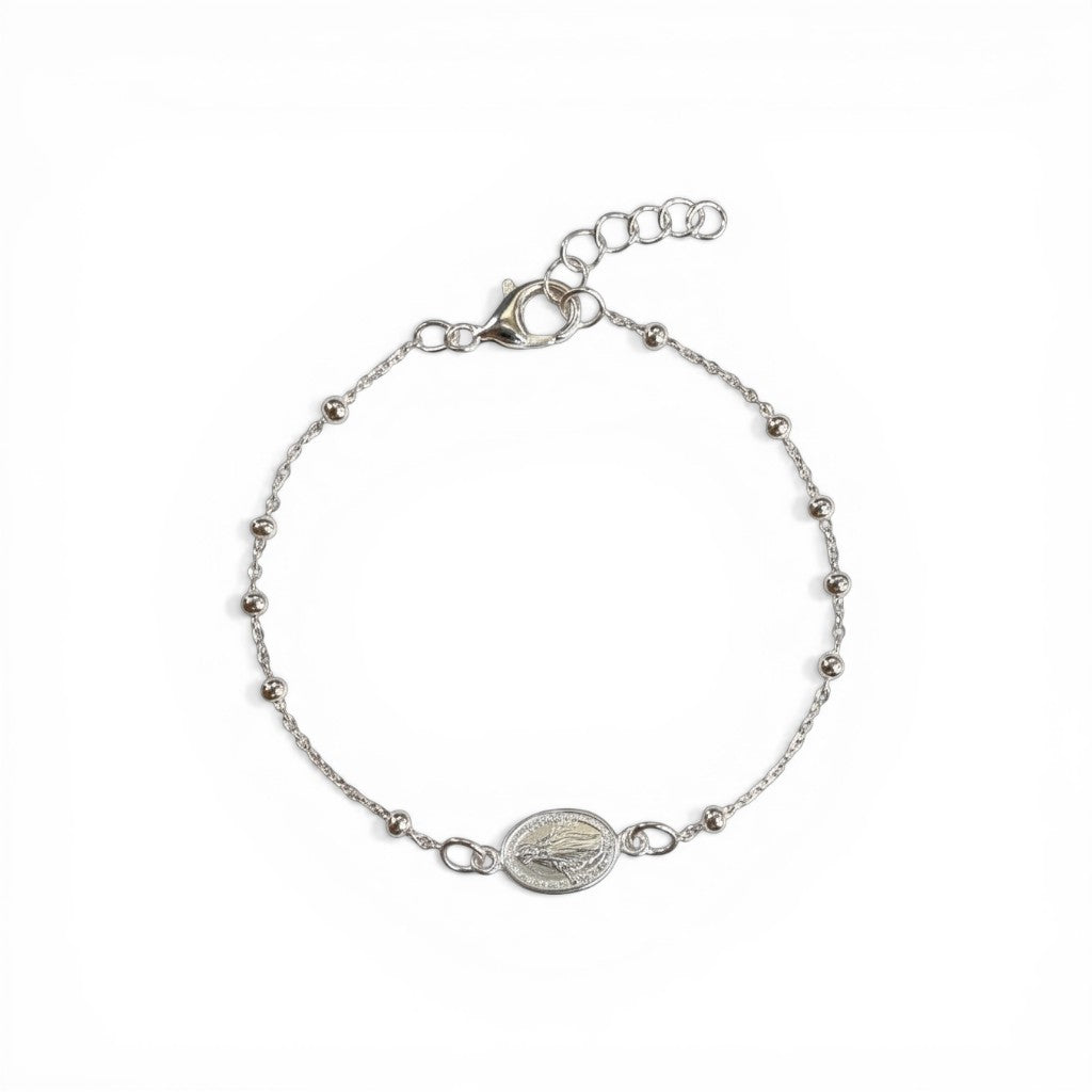 Sophia Schneider Joyas silver 925 chain bracelet with beaded details and a Virgin medal. Adjustable 18-20cm.