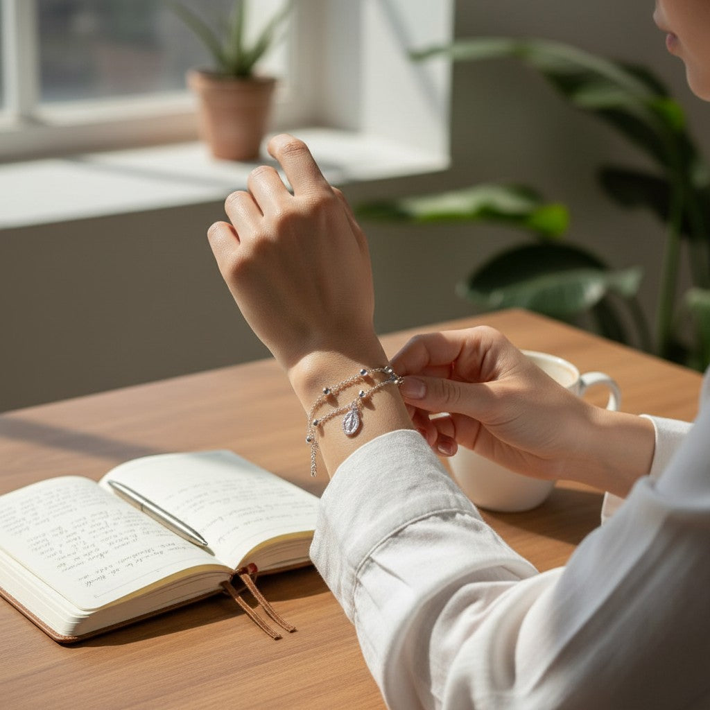 Sophia Schneider Joyas silver chain bracelet with three Virgin Mary medals and beaded accents, 20cm length.