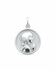 Sophia Schneider Joyas 14mm silver medal with profile of praying Virgin Mary, customizable with engraving.
