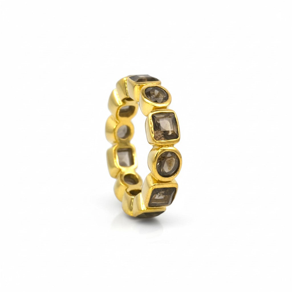 Sophia Schneider Joyas gold-plated silver ring with bezel-set smoky quartz stones in alternating square and round shapes.