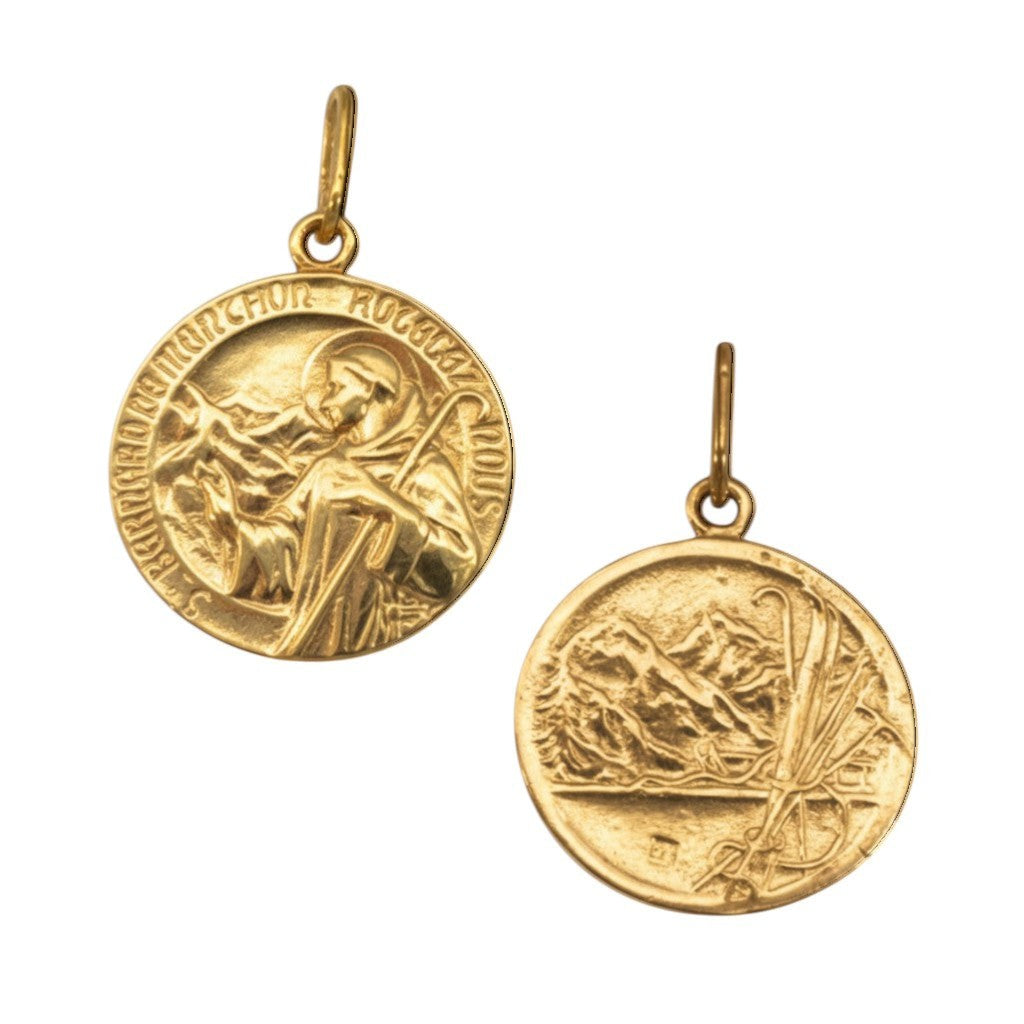Sophia Schneider Joyas 17mm silver St. Bernard medal, depicting the saint with a staff and mountains. Sterling silver.