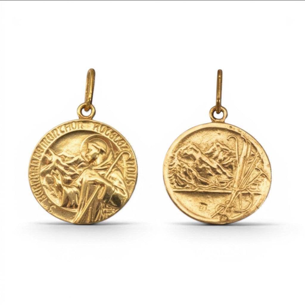 Sophia Schneider Joyas 17mm silver St. Bernard medal, depicting the saint with a staff and mountains. Sterling silver.