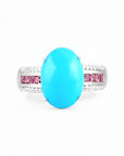 Sophia Schneider Joyas oval turquoise ring with pink tourmaline and diamonds set in silver.