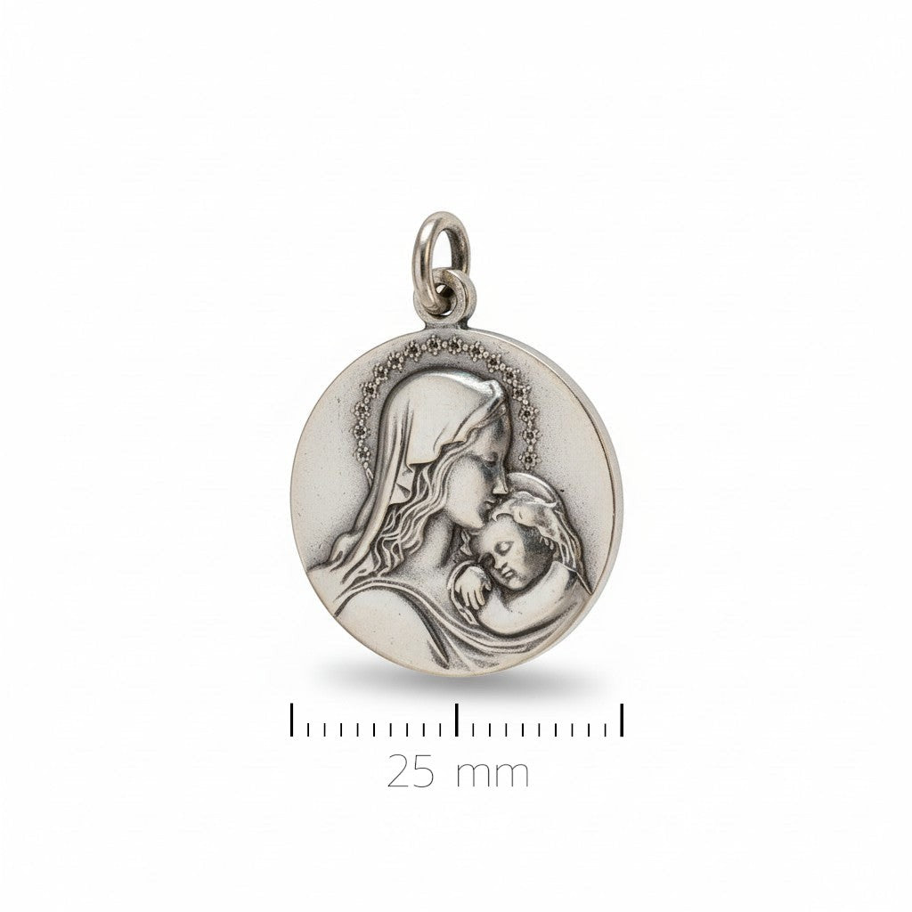 Sophia Schneider Joyas round 25mm sterling silver Mariana Virgin pendant with cubic zirconia detail.