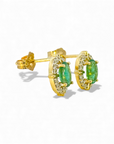 Aros stud esmeralda oval halo brillantes oro 10K