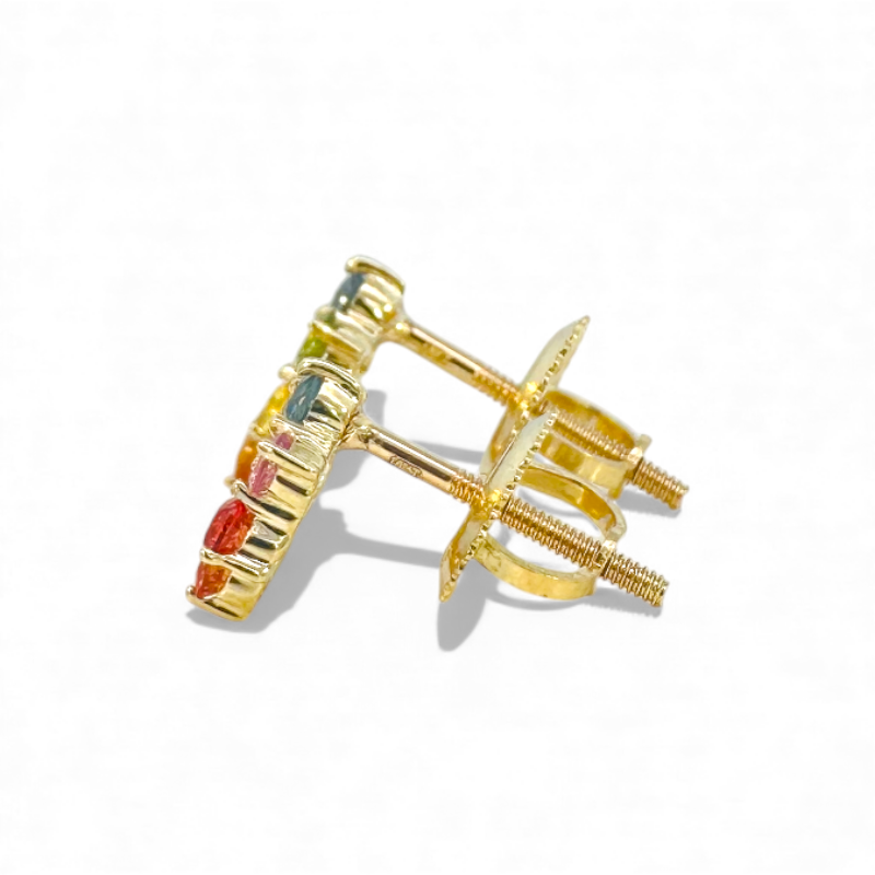 Aros stud zafiros rainbow y brillantes en forma flor oro 10K
