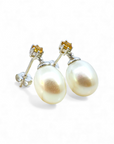 Aros stud citrino con perla oval colgante en oro 14K