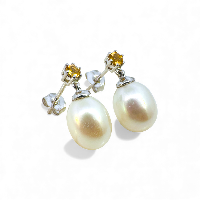 Aros stud citrino con perla oval colgante en oro 14K