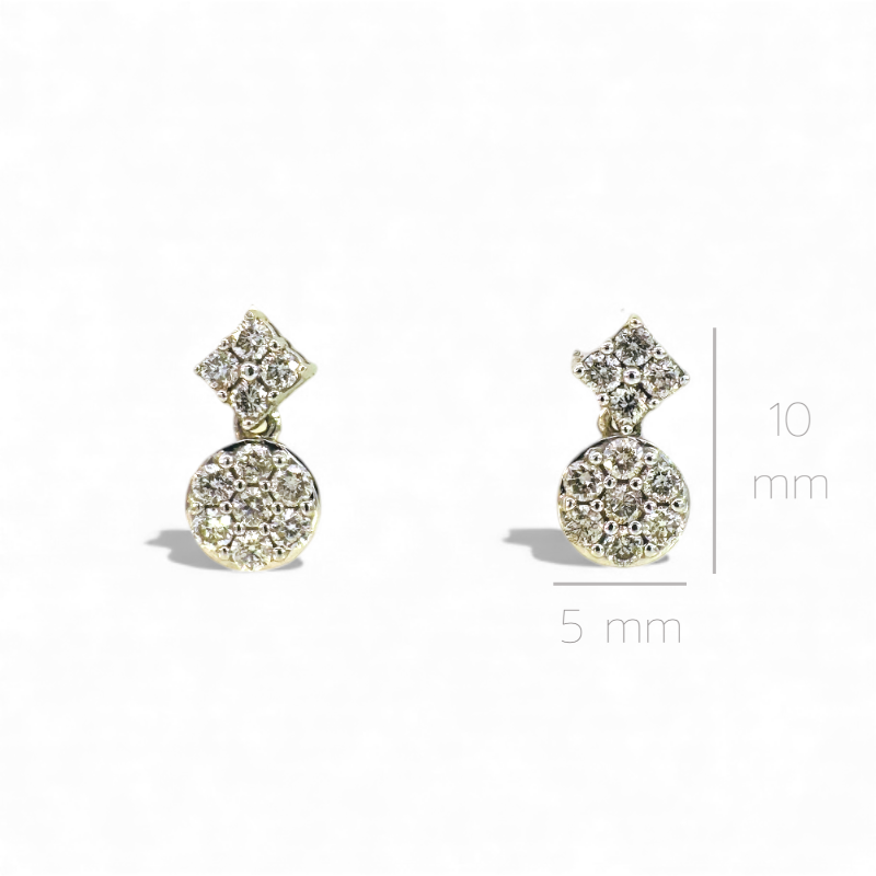 Aros stud brillantes en pavé rombo y circulo en movimiento oro blanco 10K