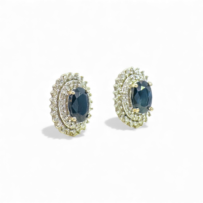 Aros stud zafiro oval doble halo brillantes oro blanco 10K