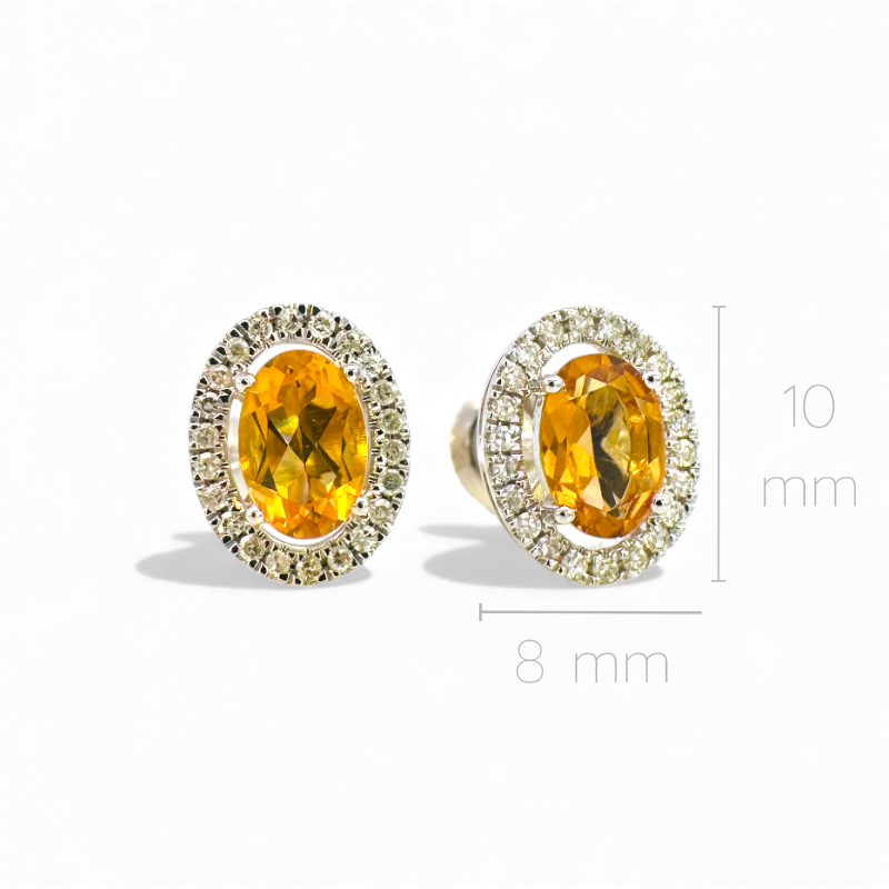 Aros stud citrino oval halo brillantes oro blanco 10K