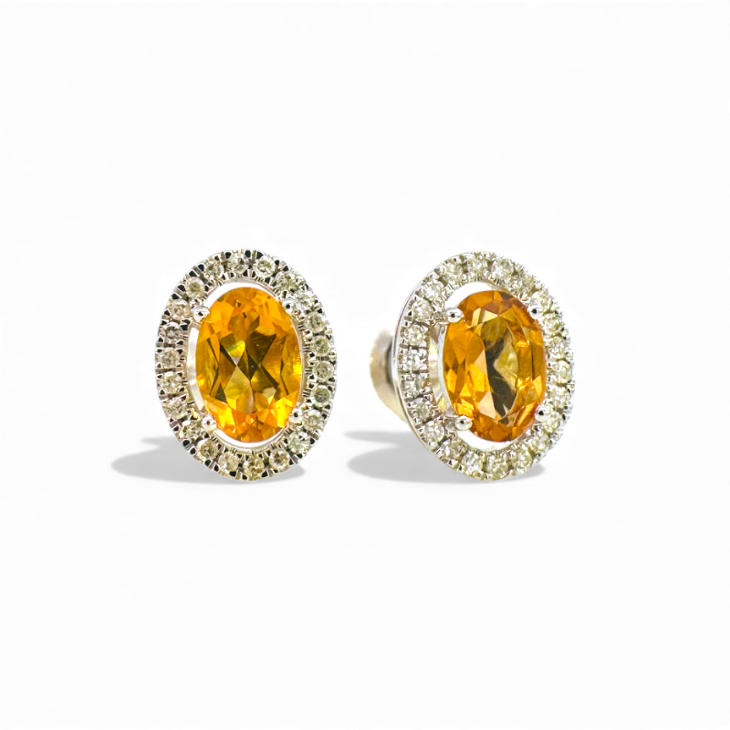 Aros stud citrino oval halo brillantes oro blanco 10K