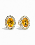 Aros stud citrino oval halo brillantes oro blanco 10K
