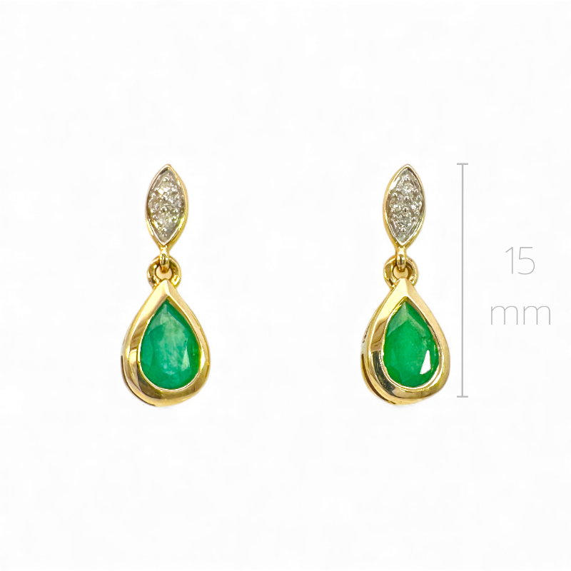 Aros stud brillantes en bisel ojito y esmeralda gota en bisel oro 10K