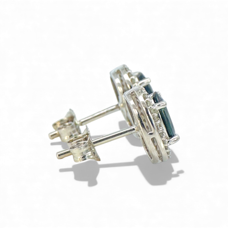 Aros stud zafiro oval 1 ct halo brillantes oro 10K